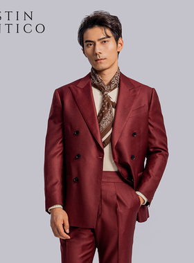 意大利Marzotto戗驳领双排酒红西服套装男休闲西装外套主持人礼服