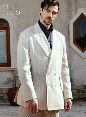 〔断码清仓〕意式春夏秋双排扣米白色条纹无里衬休闲亚麻西装