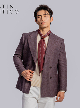 英国MOON面料那不勒斯复古休闲双排扣鱼骨纹紫色西装男外套