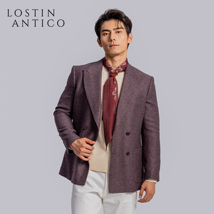 英国MOON面料那不勒斯复古休闲双排扣鱼骨纹紫色西装 男外套