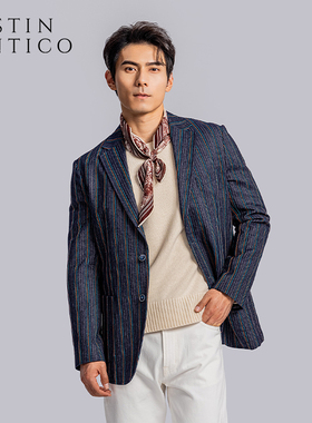 南意复古设计师款半麻衬橙蓝条纹牛仔西服单排扣男休闲西装外套