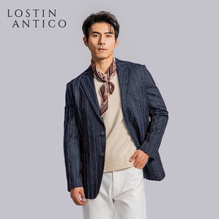 南意复古设计师款 外套 半麻衬橙蓝条纹牛仔西服单排扣男休闲西装