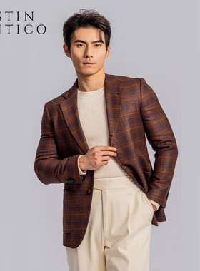 南意风Reda进口羊毛面料男士单西复古棕色格纹商务休闲西装外套