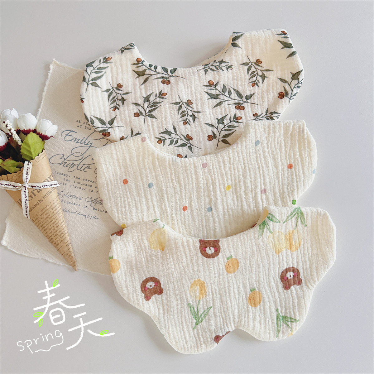 纯棉纱布花瓣婴儿口水巾ins韩版风波浪花朵宝宝口水巾围嘴围兜