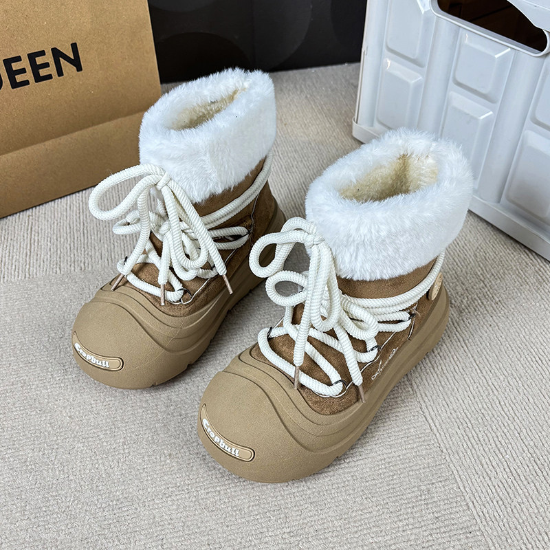 丑萌大头雪地靴女款2025新款冬款加绒撞色绑带显脚小厚底马丁靴冬