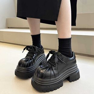 厚底系带小皮鞋女2025秋季新款百搭小个子超厚底增高10cm单鞋黑色
