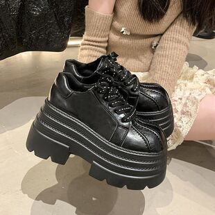 单鞋 百搭新款 潮 女小个子增高松糕鞋 10cm超高跟厚底拼色系带乐福鞋