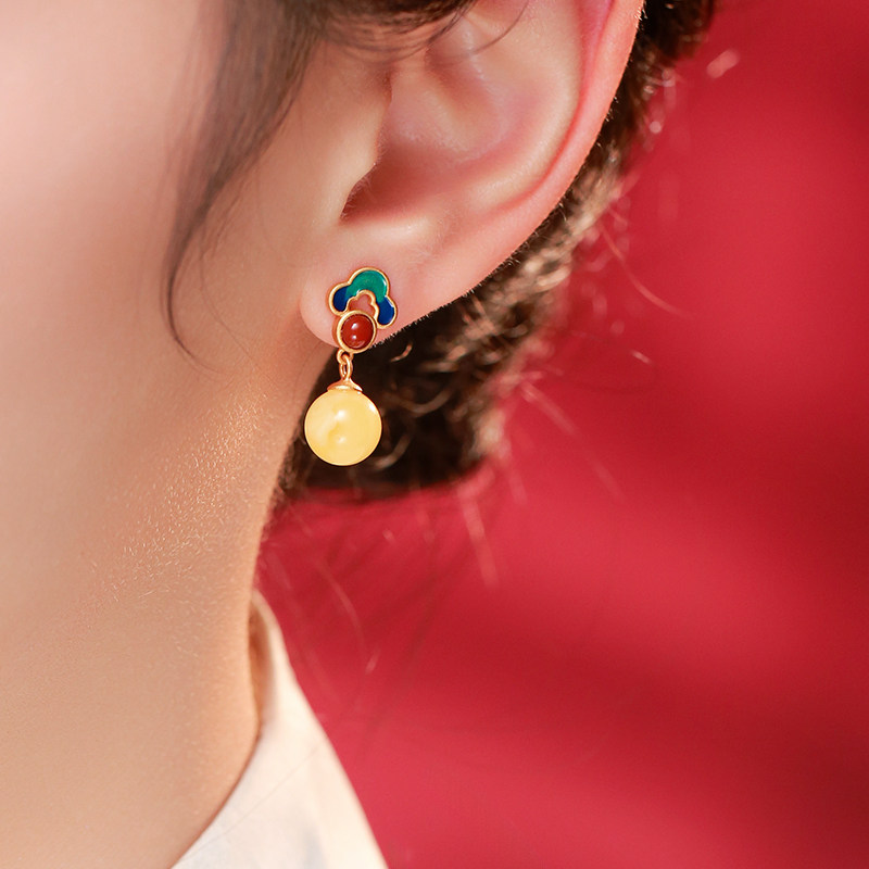 若在江南｜祥云天然蜜蜡耳钉纯银换色耳饰女士新中式气质高级感