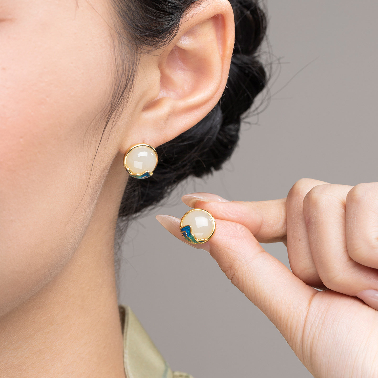 若在江南｜天然和田玉耳钉2026新款中式高级独特蓝色圆形女士耳饰