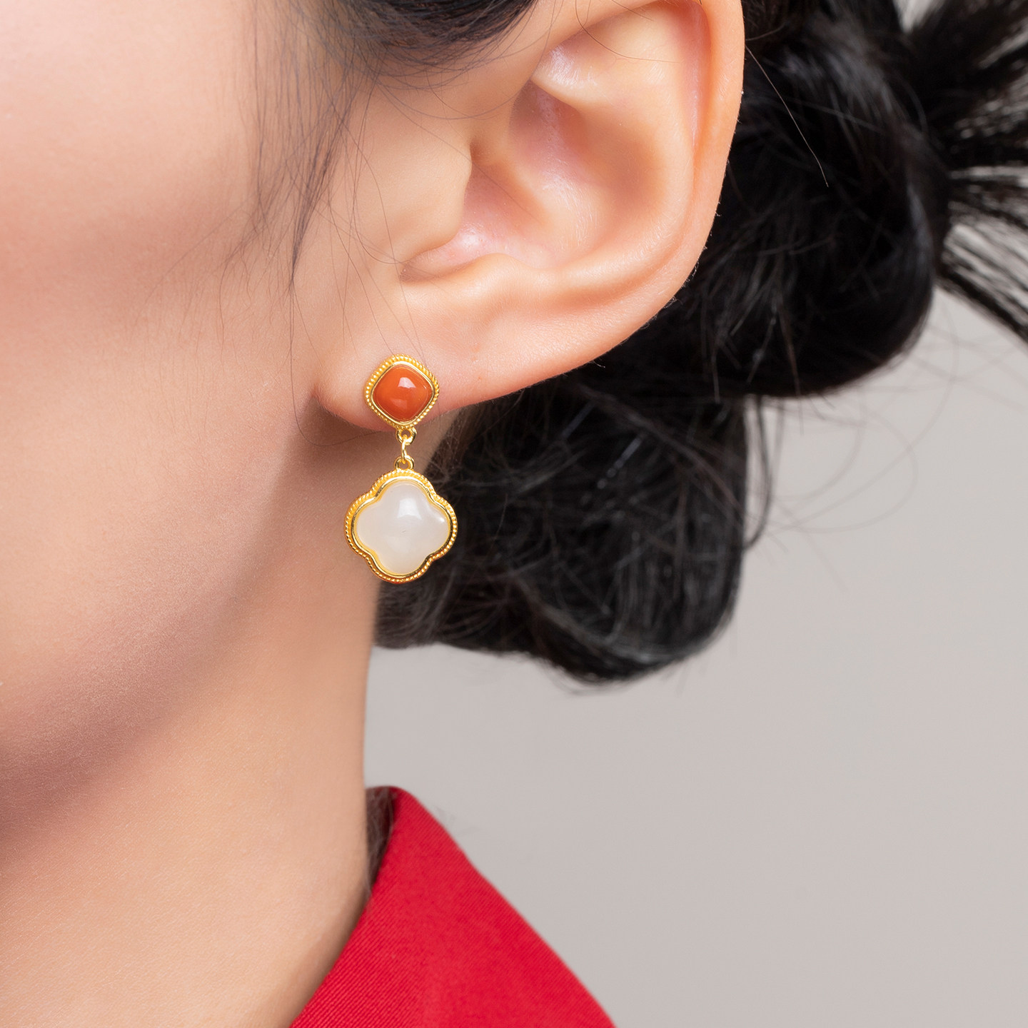 若在江南｜天然和田玉耳钉纯银女南红白玉四叶草高级感耳饰送礼物