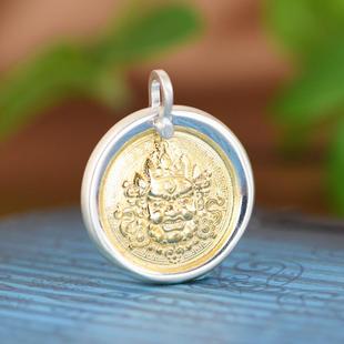 网红- 925银吊坠 素银圆牌镀金浮雕黄财像银牌项链坠男女配饰