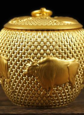 黄铜高档茶叶罐家用带盖茶叶罐办公室摆件黄铜工艺品