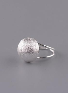 网红- 925银素银 女款时尚拉丝球面开口戒指 气质清新指环