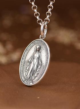 网红-925银吊坠复古做旧工艺椭圆实心银牌男女十字架跨境项链坠