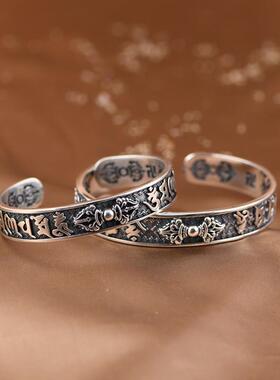 网红-925纯银情侣银镯子复古做旧工艺开口金刚杵梵文银手镯