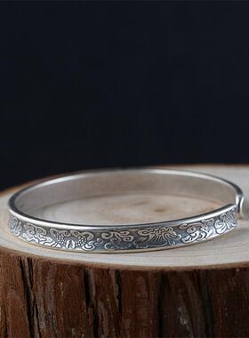 网红-足银手镯吉祥八宝复古做旧工艺凹面浮雕小众设计银饰镯子女