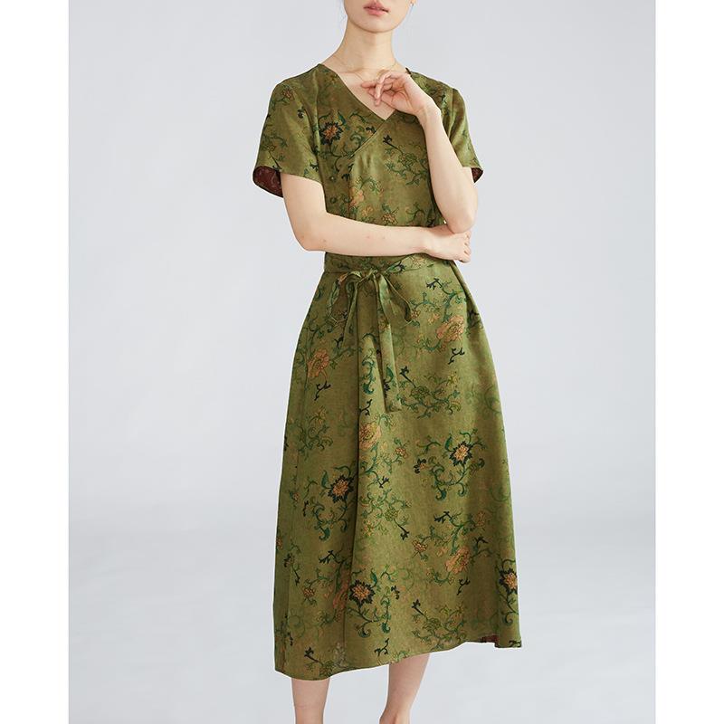 真丝香云纱提花花萝国风连衣裙 桑蚕丝新中式领气质字裙