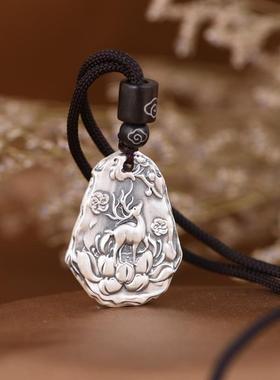 网红- 足银吊坠 复古做旧水滴银牌莲花梅花鹿一路生花银饰套链