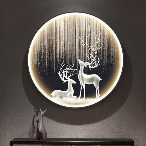 麋圆鹿形装饰画D带走灯LE玄关挂画入WRG户廊过道墙画壁灯轻奢风油