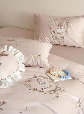 可爱甜美卡通10s长绒棉绣四件套高支纯床棉床单0被套LB全刺棉上用