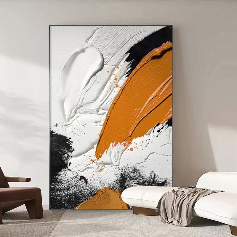 手绘油画立体抽象黑橙玄关装饰客沙发画一抹暖意背景简约落白地肌