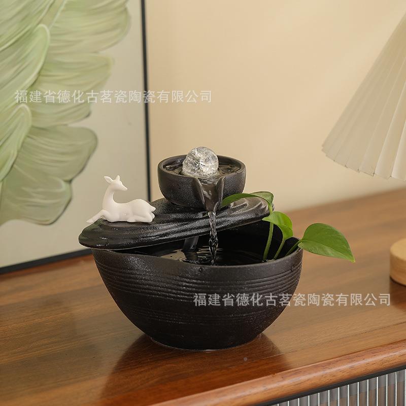 桌面小型流件HDP水摆循环风水水轮水晶球景喷泉陶瓷加湿器简约小