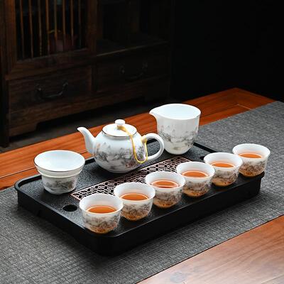 薄茶胎茶具甜白盖碗脂德化3.19羊玉汉白瓷功夫泡简约描蓝线茶道配