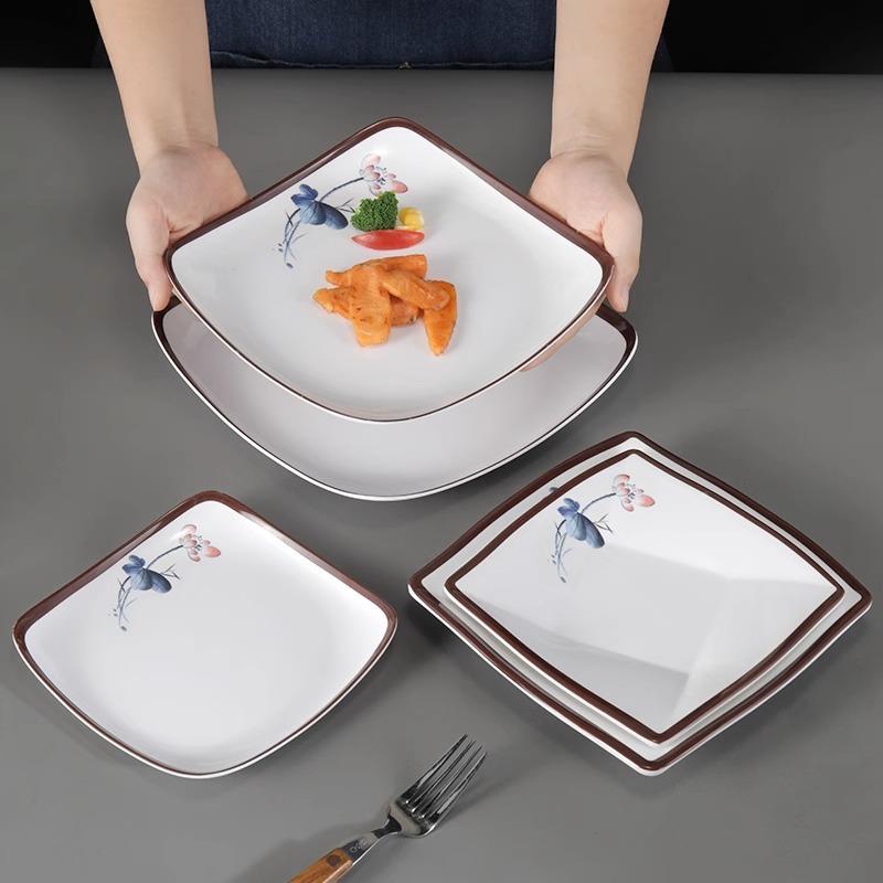 密胺菜瓷塑料四方翘脚仿盘餐厅凉碟子餐饭OND店炒菜快盖浇饭盘子