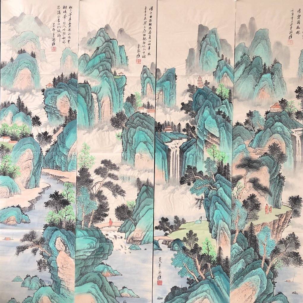 大NIU千山四条水屏纯手绘作品未水装裱带印字画国画山水张装饰画