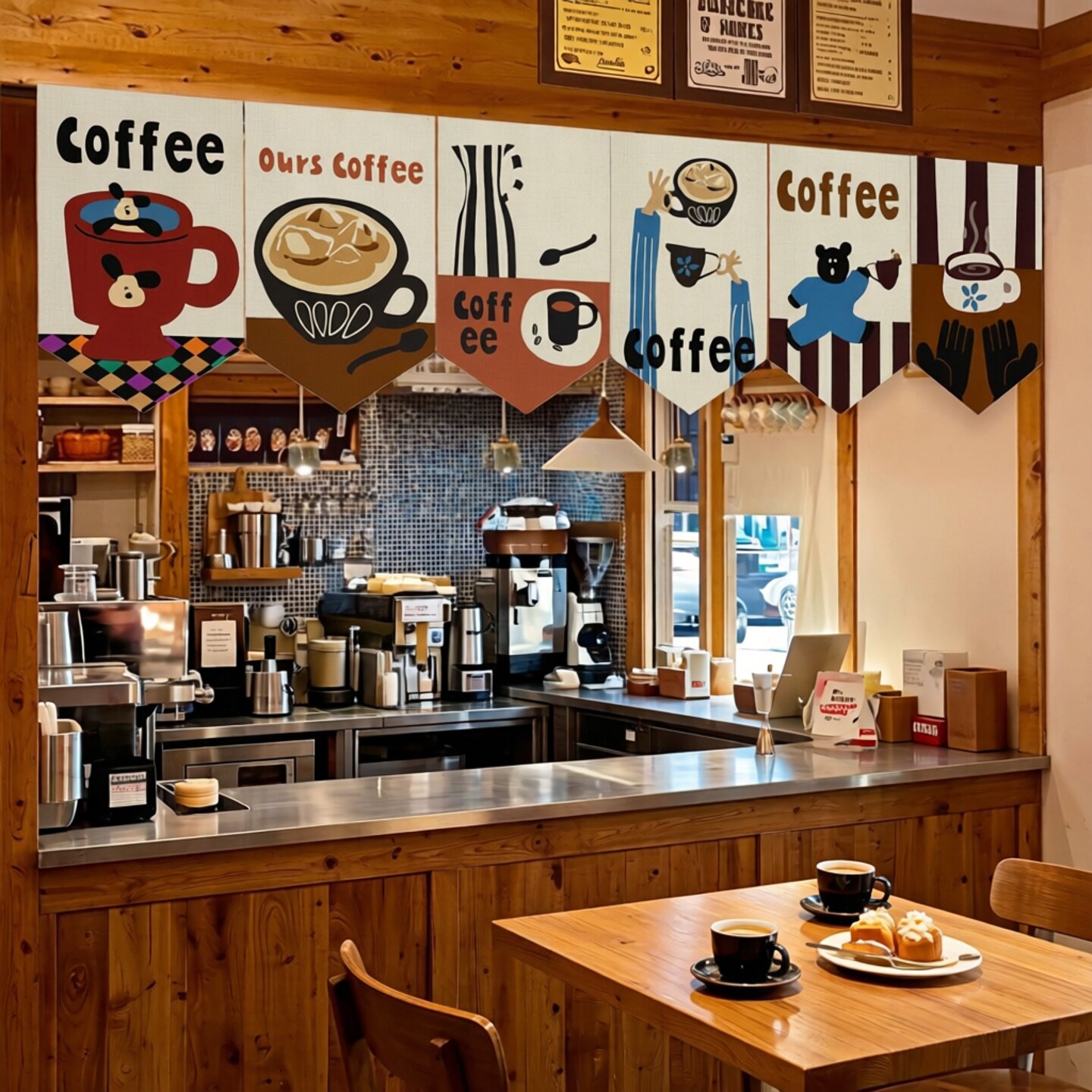 美式咖啡店三角旗门帘半截隔断帘奶茶餐厅门头装饰短帘卡通小旗帘