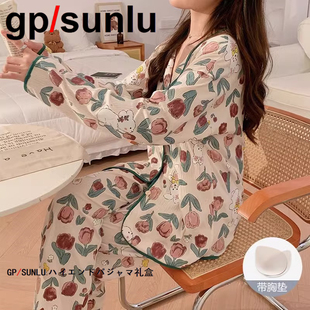 日本GP带胸垫睡衣女春秋季纯棉长袖开衫甜美复古可外穿家居服套装