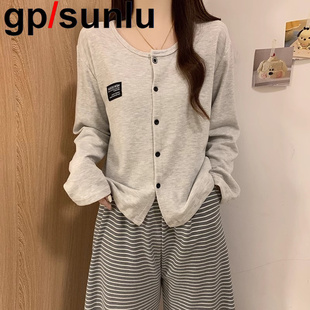 日本GP睡衣女秋冬季加厚绵羊绒高级感条纹德绒浅灰开衫家居服套装