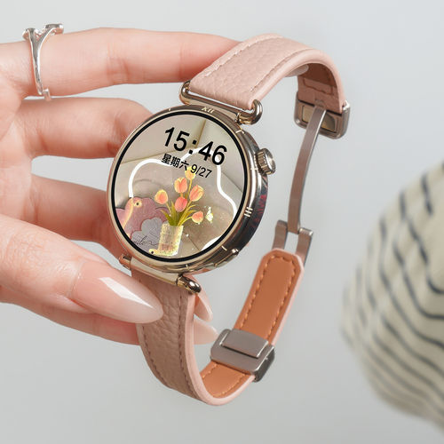 适用OPPOWatchX3 Mini手表带圆尾真皮磁吸扣智能腕表oppowatchx2
