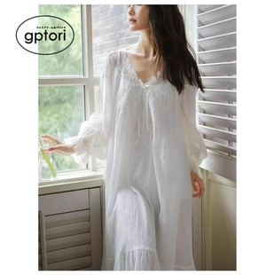 GPTORI赫本风新婚睡裙女晨袍春秋季纯棉长袖宫廷蕾丝唯美睡衣长裙