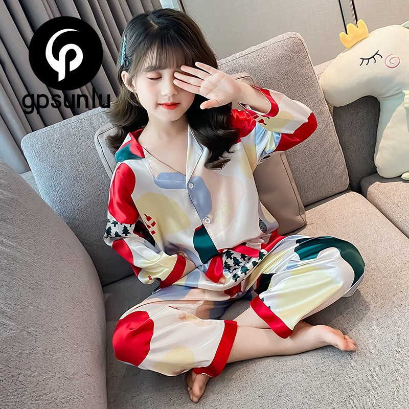 日本GP卡通印花女童睡衣真丝绸长袖套装中大童冰丝女孩儿童家居服