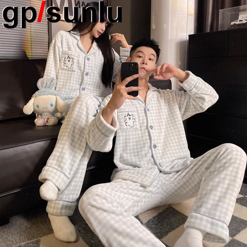 日本GP珊瑚绒情侣睡衣女秋冬季可爱卡通加绒法兰绒男士家居服套装