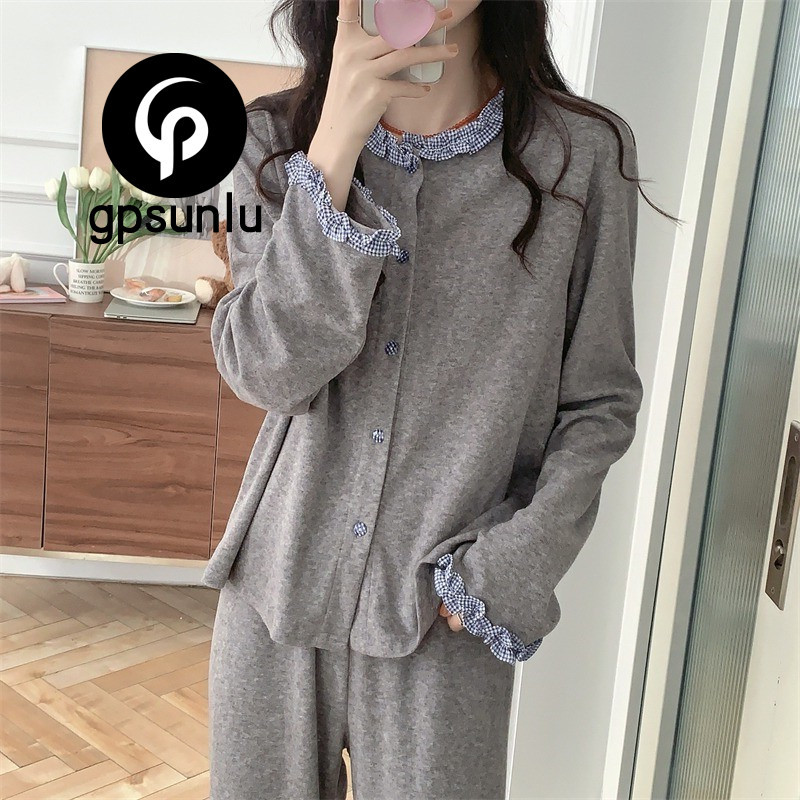 日本小众GP睡衣女春秋冬韩版荷叶边薄绒纯棉长袖家居服套装磨毛厚