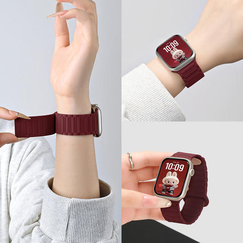 新款适用苹果手表表带s11酒红氛围感series10新年applewatch磁吸