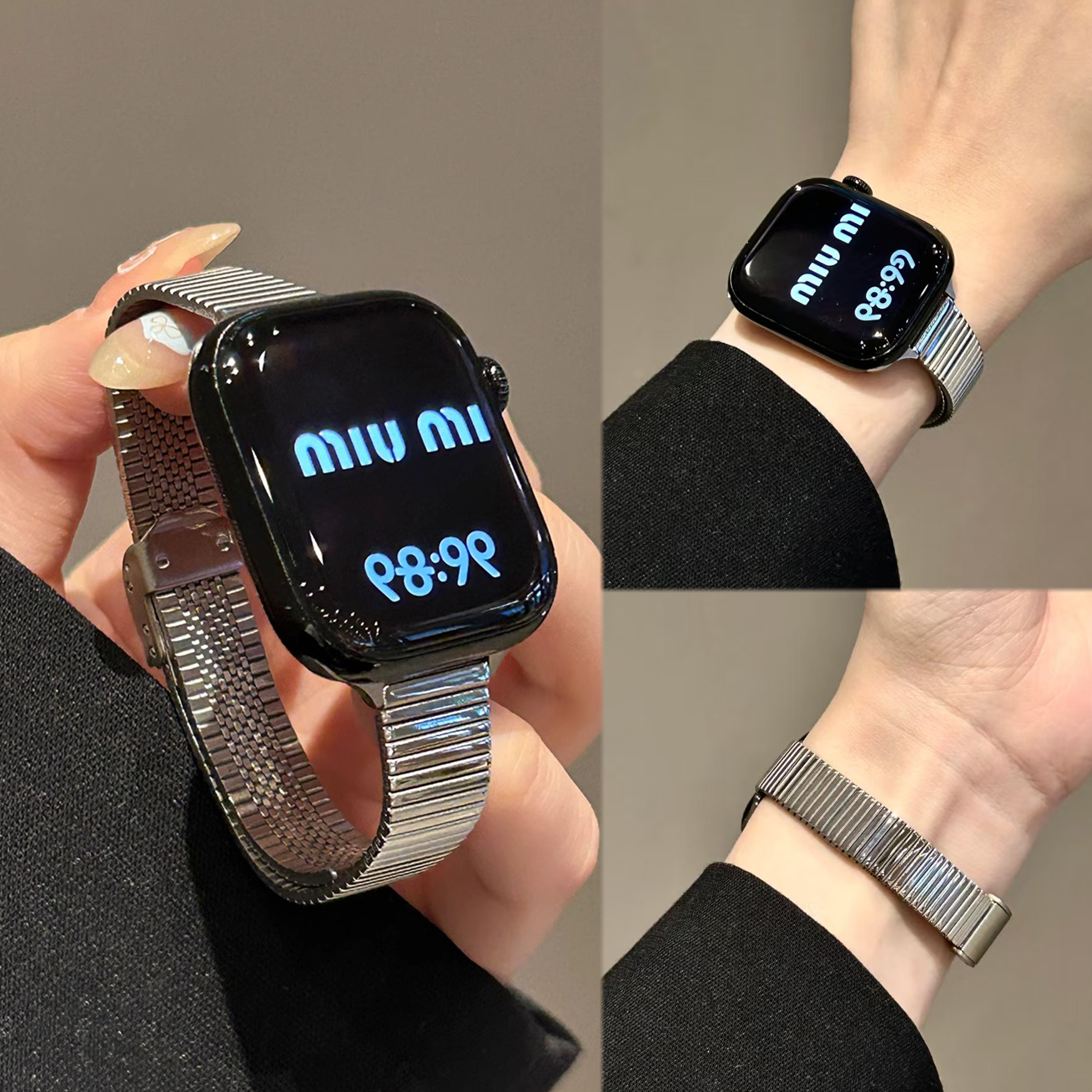 高级感细钢链金属卡扣表带适用华为FIT5苹果iwatchS11S10小米9Pro