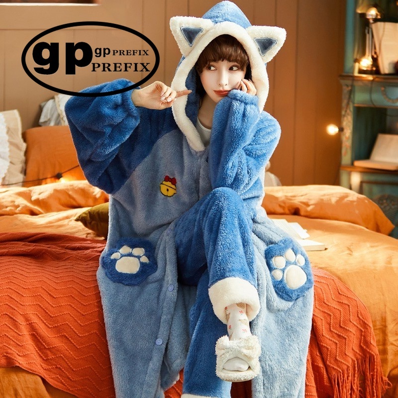 日本小众GP睡衣女秋冬季珊瑚绒加厚加绒法兰绒长款睡袍家居服套装