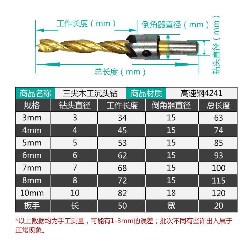 现货含税沉d孔木工钻头套装三尖开孔倒角器圆形木板打孔器麻花钻