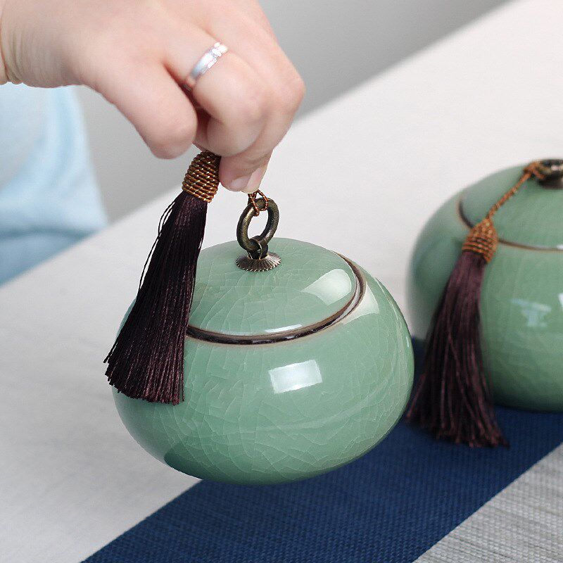 现货速发可批龙泉青瓷大码茶仓储存罐陶瓷茶具便携普洱茶密封罐大