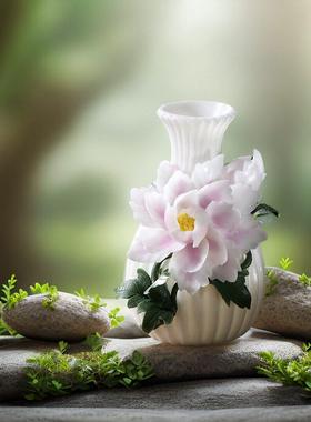 中式客厅插花摆设家居摆件装饰品纯手工花瓶手捏陶瓷花冰种玉瓷