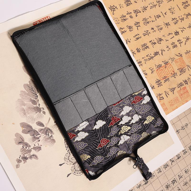 文房四宝毛笔收纳笔帘拉链式复古风大号笔袋毛笔书法专用国画布艺