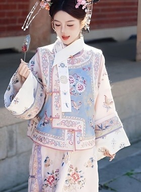 汉服女清代印花古装清朝延吉公主旗袍宫廷格格服两件套旅拍服装女