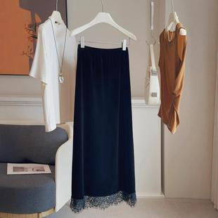 蕾丝花边拼接丝绒半身裙女2025年秋新款 松紧腰显瘦气质中长A字裙