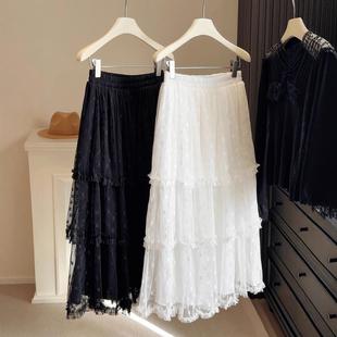 甜美超仙蛋糕裙子 松紧腰蕾丝小花木耳边半身裙女早春新款 韩版 时尚