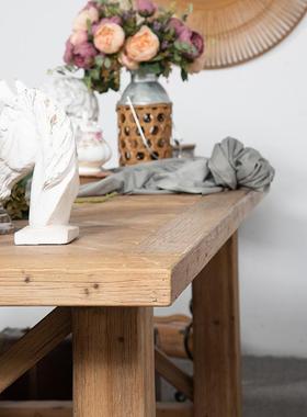 式复古做旧实木长谈31315条原木茶桌商用洽餐桌美合椅组长方形办