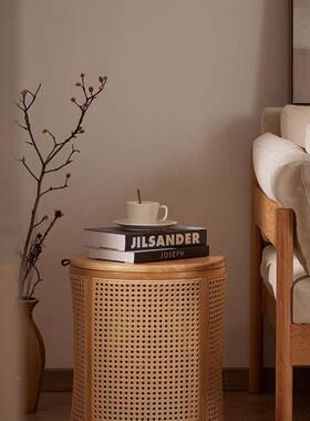 日藤复古置物编角几沙发侧式小凳子圆桌边床头柜桌子XPD卧室圆形