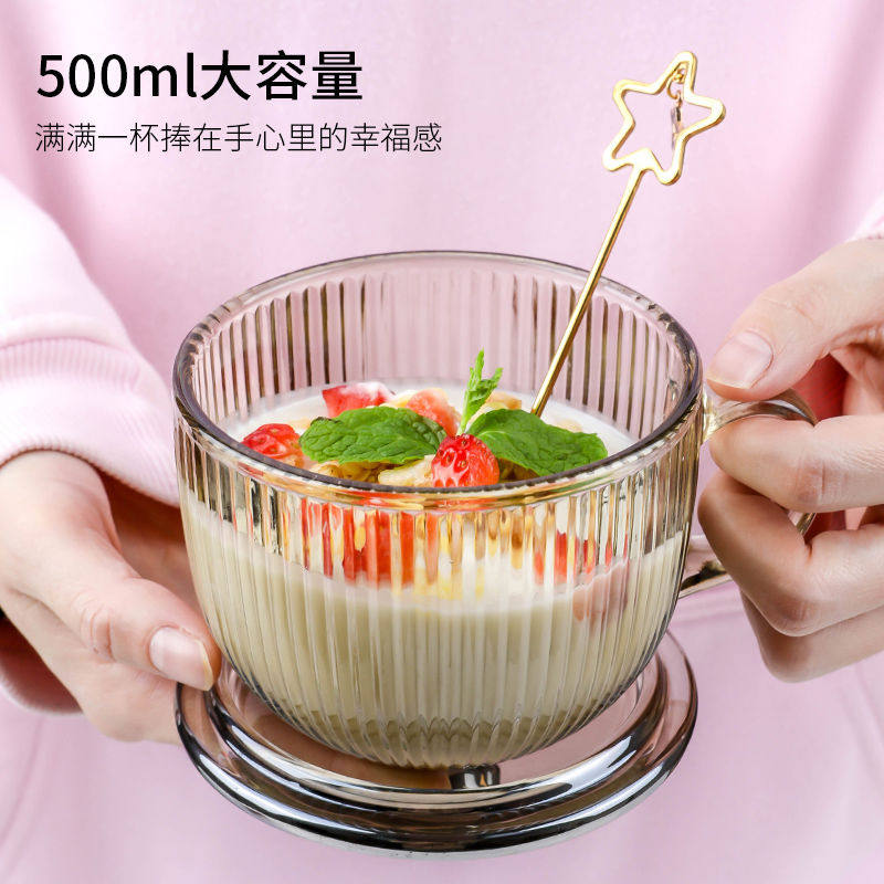 玻璃杯子新款女2024高颜值带把手带盖大容量牛奶咖啡杯日式早餐杯